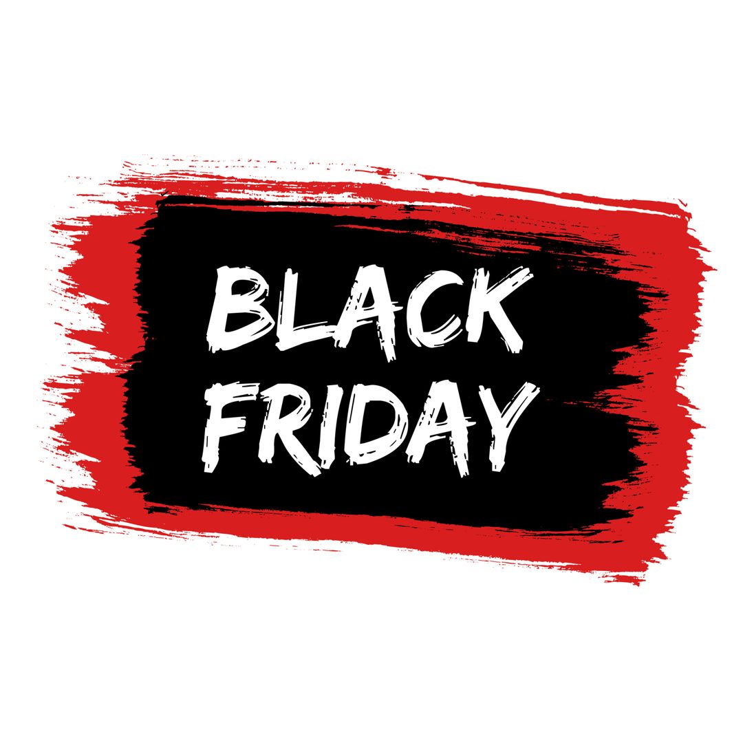 Bold Black Friday Text with Red and Black Brushstroke Design