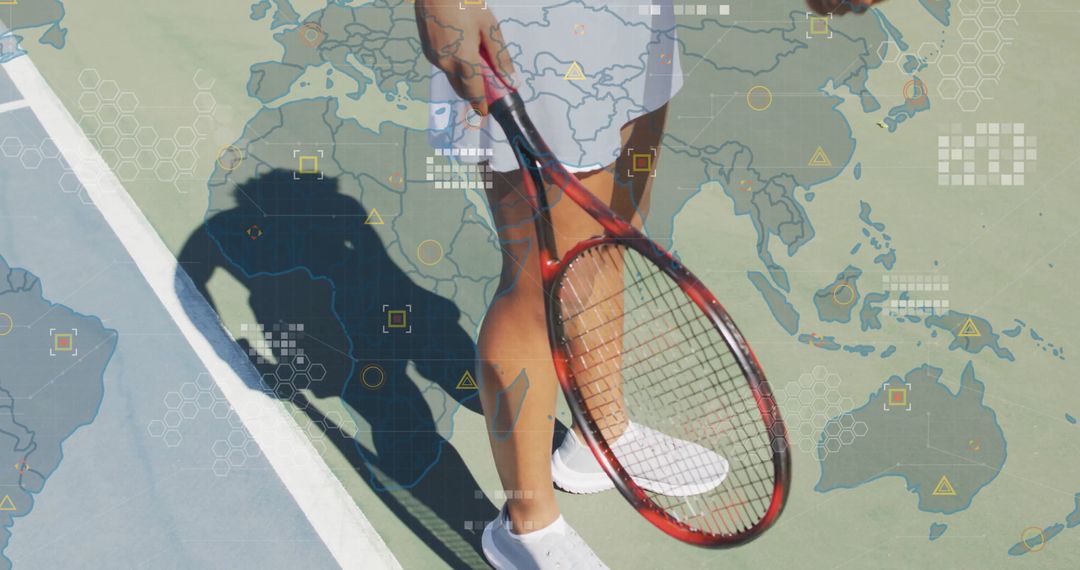 Athlete Preparing to Play Tennis with Data Map Overlay