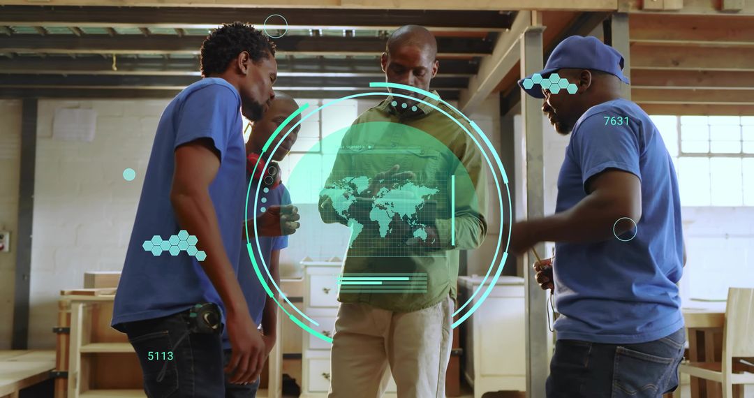 Woodworkers Collaborating with Holographic Map and Digital Interface in Workshop