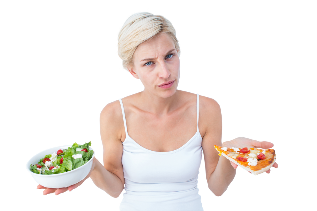 Woman Deciding Between Pizza and Salad Isolated on Transparent Background - Download Free Stock Images Pikwizard.com