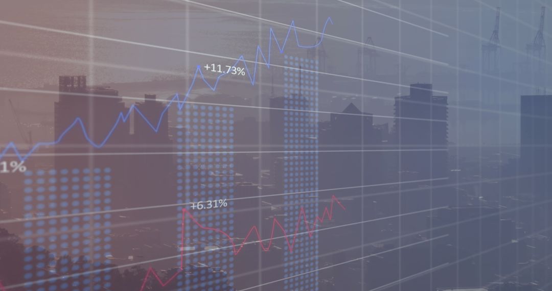 Financial Data Overlay on Modern Cityscape Illustrating Market Trends