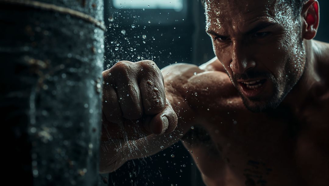 Intense Boxer Delivering Punches in Dimly Lit Gym