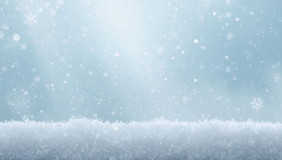 Drifting snowflakes over frosty snowbank with soft bokeh light and pale blue sky