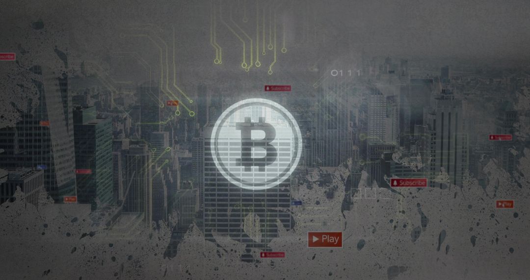 Glowing Bitcoin Coin Hovering Over Grunge City Skyline with Digital Circuitry and UI Tags