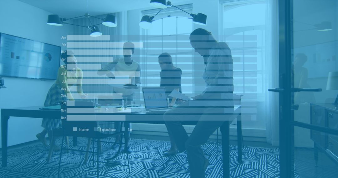 Business Team Collaboration in Modern Office with Overlaid Graphs