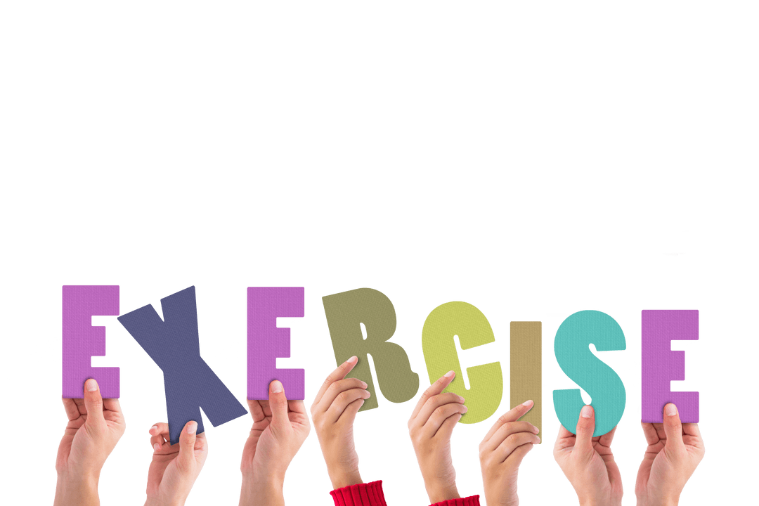 Hands Holding Colorful Letters Forming Word Exercise on Transparent Background