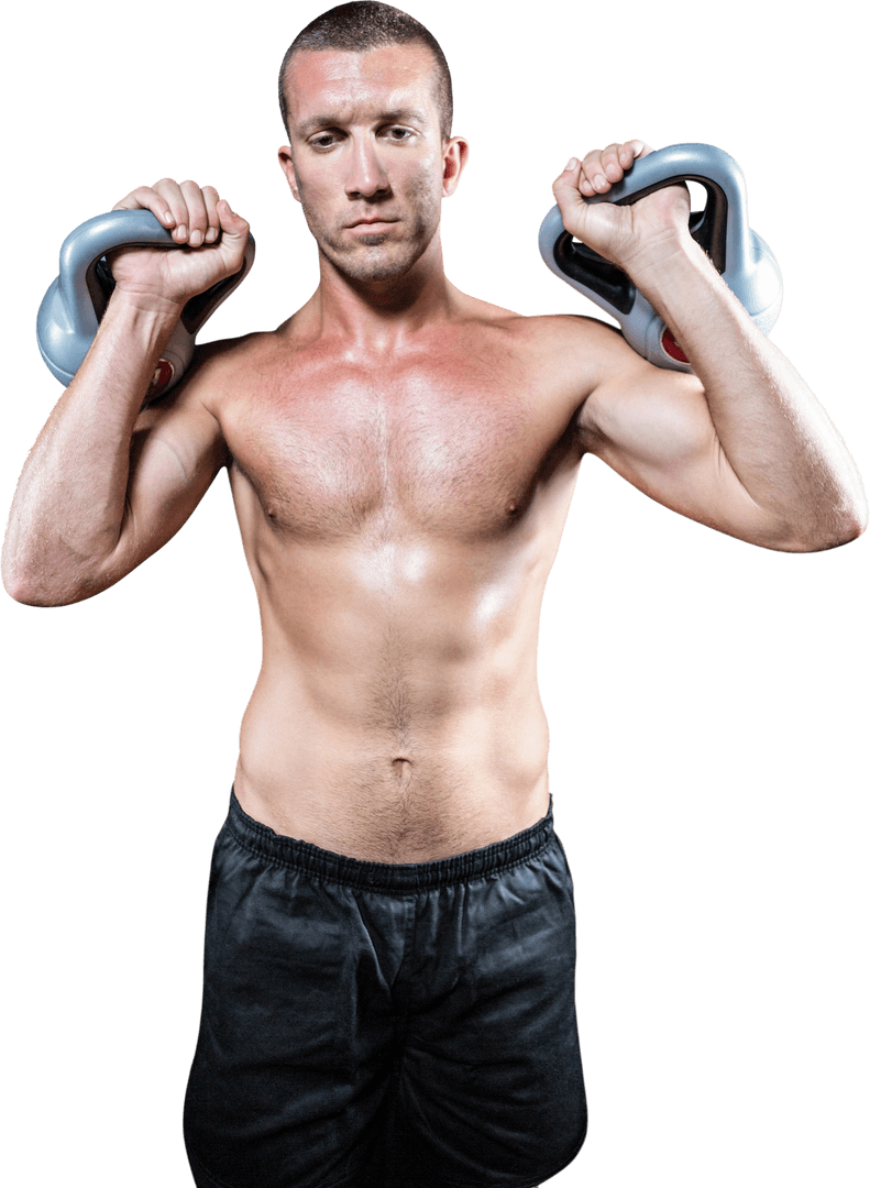 Transparent Background Shirtless Athlete Training with Kettlebells