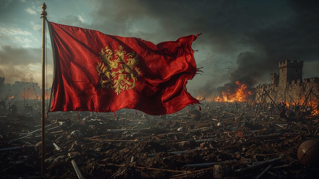 Medieval War Scene with Red Banner Amidst Battlefield