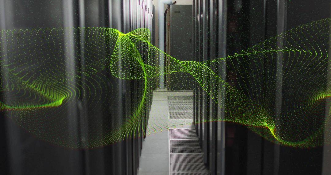 Digital Waveform Overlay on Modern Server Room Interior