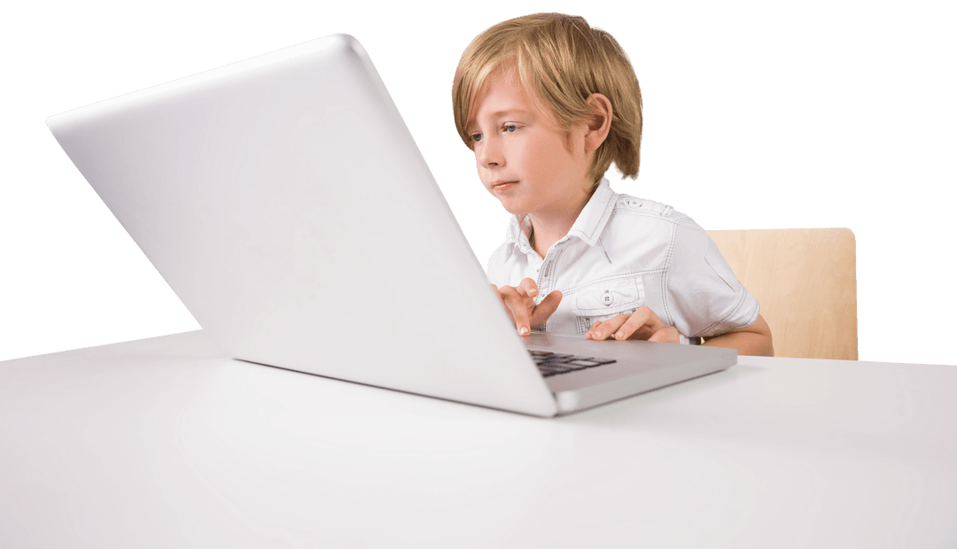 Young Child Using Laptop for Online Learning on Transparent Background