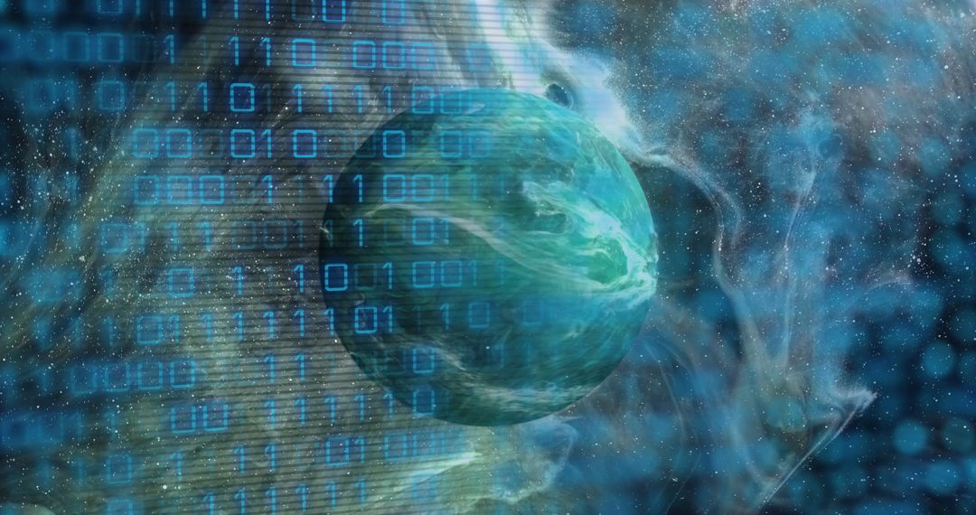 Binary Code Overlay on Green Planet in Digital Space