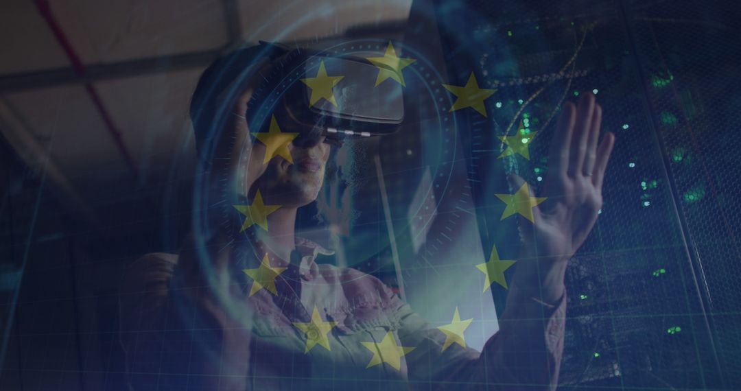 Person Using Virtual Reality Headset with European Union Flag Overlay - Free Images, Stock Photos and Pictures on Pikwizard.com