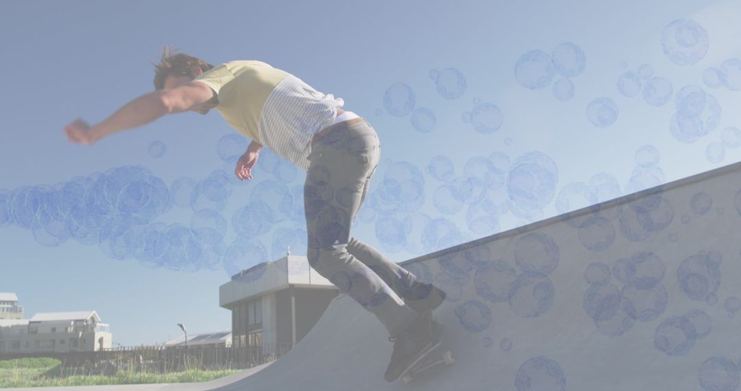 Man Skateboarding in Urban Scene with Digital Bubbles Overlay