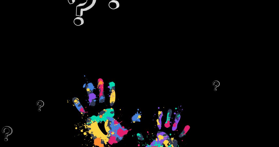 Colorful Handprints on Black with Question Marks