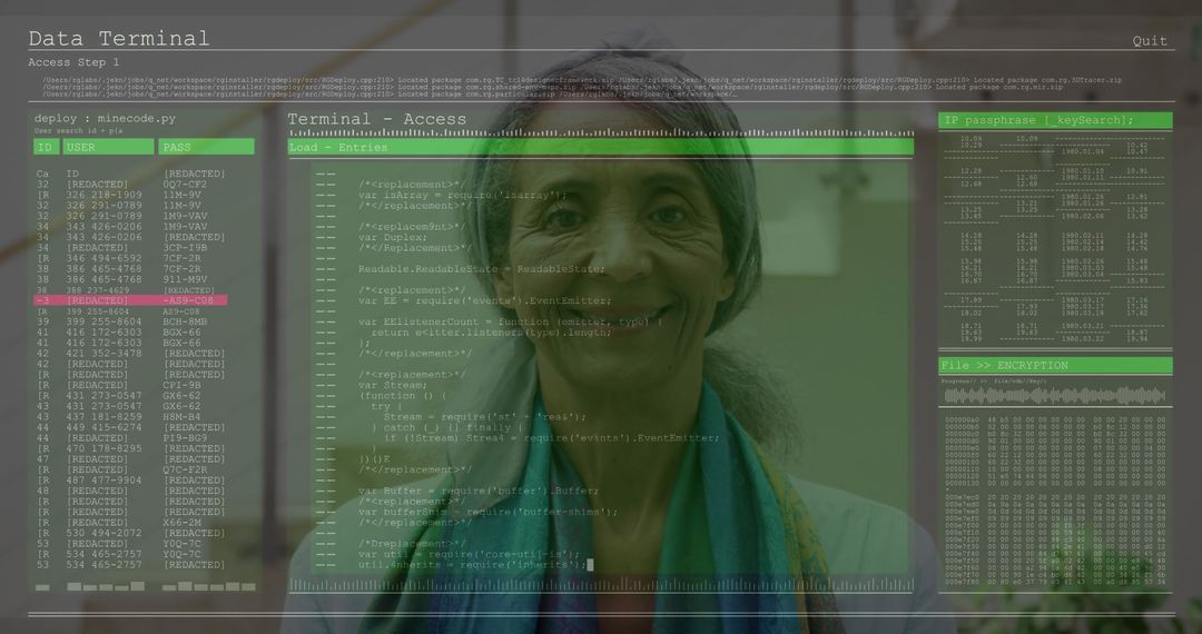 Mature Woman Engaged in Code Monitoring with Transparent Tech Interface