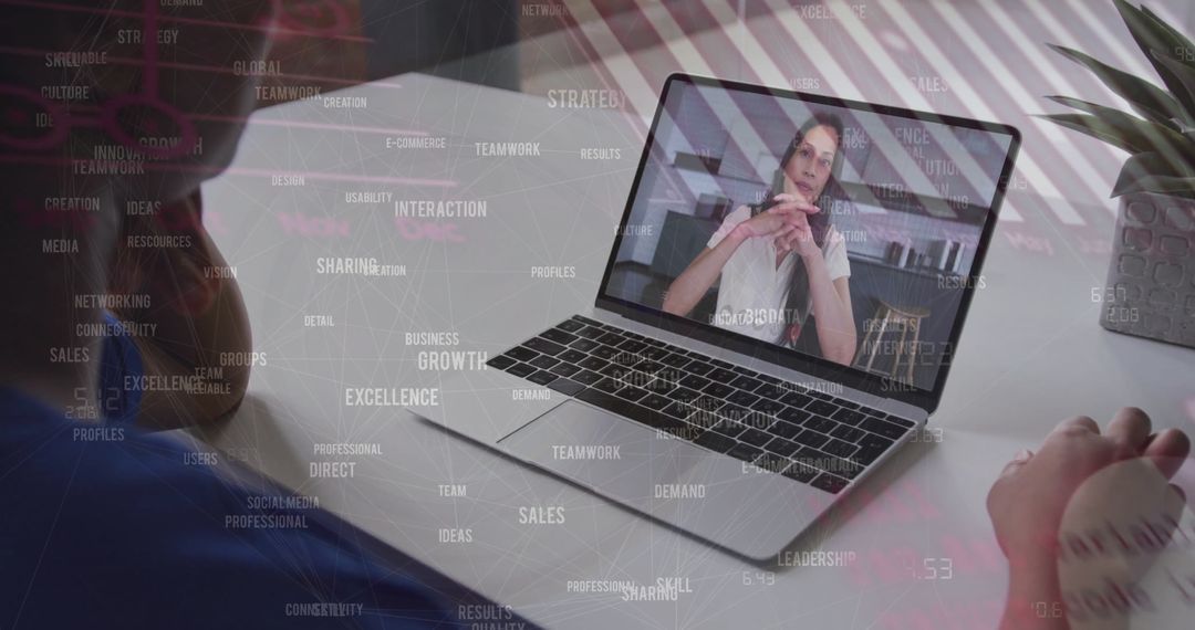 Virtual Business Meeting with Data Overlay on Laptop Screen