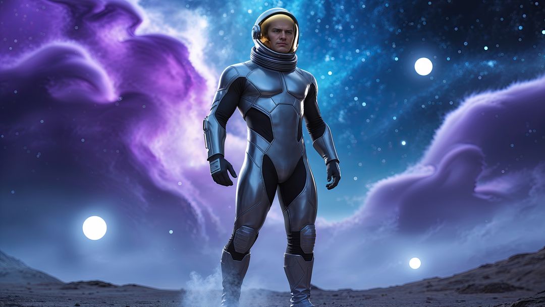 Futuristic Astronaut Exploring Celestial Terrain in Vibrant Cosmos