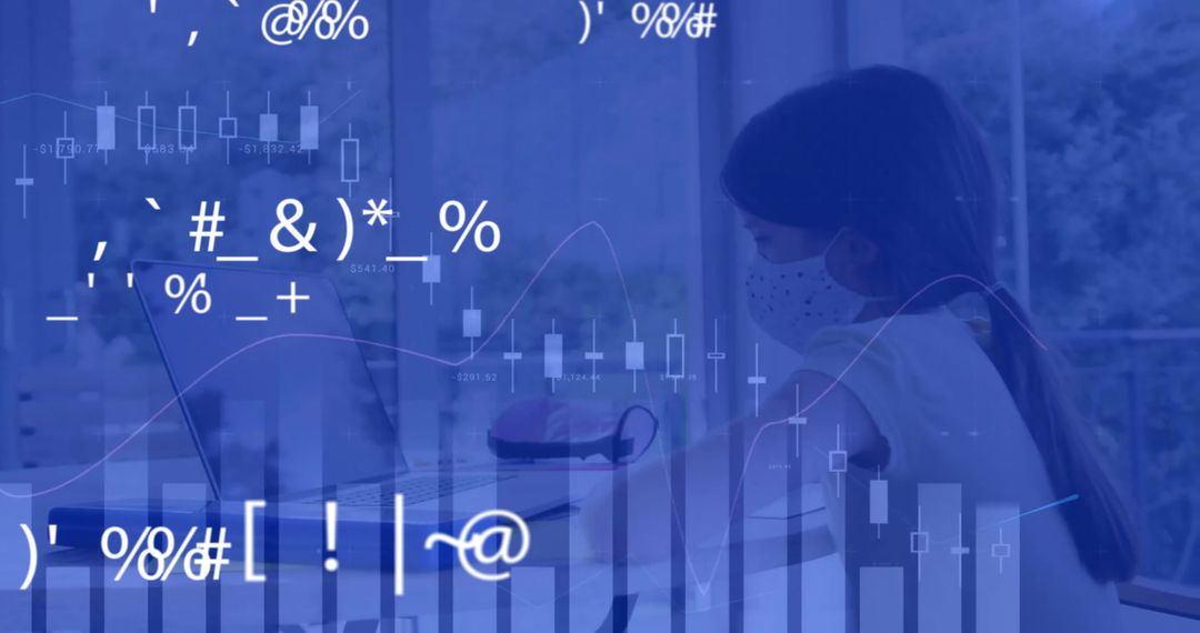 Virtual Learning Digital Interface with Girl in Face Mask Using Laptop