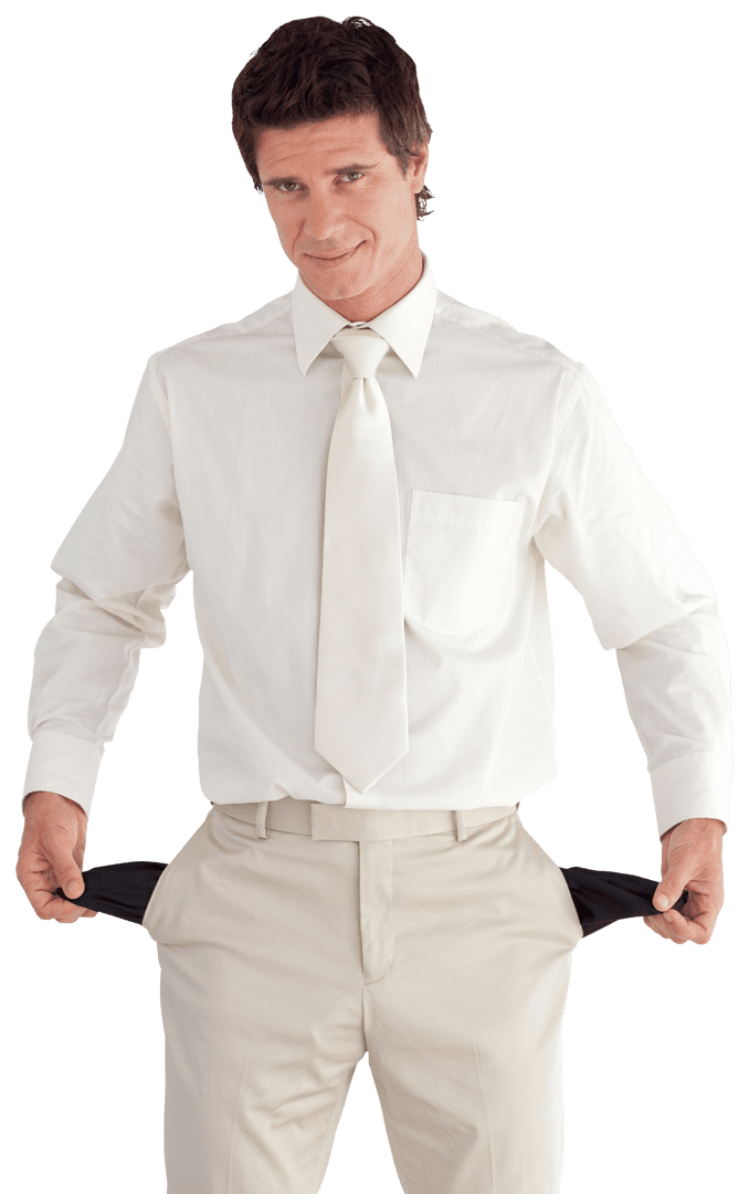 Confident Businessman Showing Empty Pockets on Transparent Background