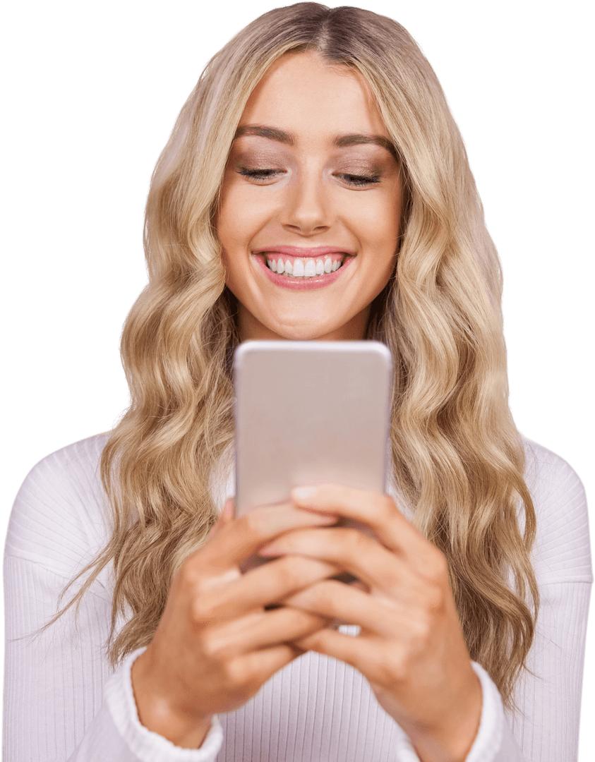 Smiling Woman Using Smartphone Transparent Background