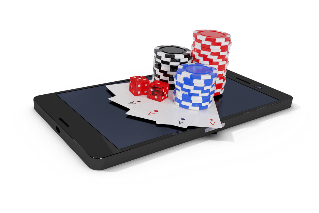 Transparent Casino Tokens Cards and Dice on Mobile Phone