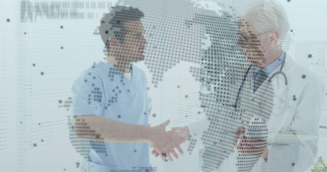 Healthcare Professionals Analyzing Global Health Data on Transparent Map