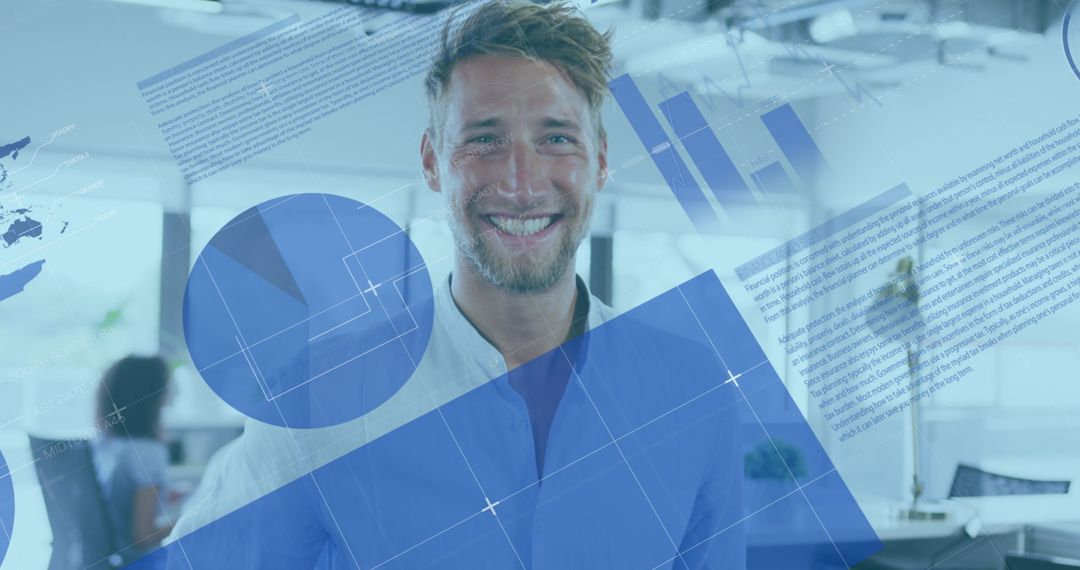 Smiling Businessman Surrounded by Financial Trading Visuals
