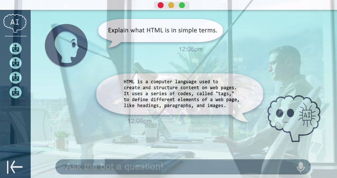 AI Chatbot Explaining HTML to Professional Working on Laptop