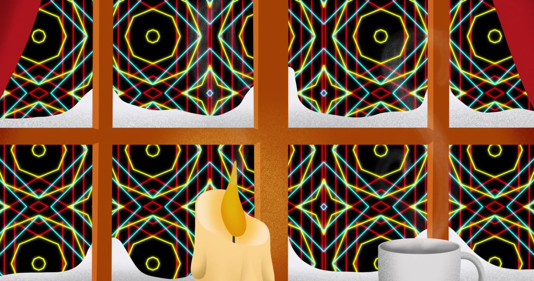 Cat Gazing Through Window with Vibrant Geometric Patterns