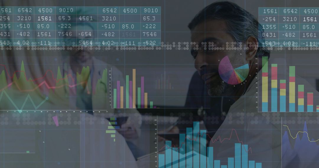 Bearded Businessman Analyzing Financial Data on Tablet with Overlaid Charts and Analytics
