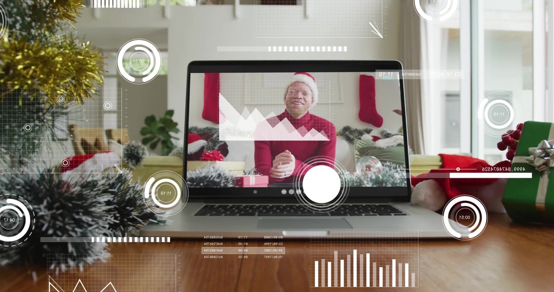 Albino Man Enjoying Christmas Video Call with Digital Interface Overlays