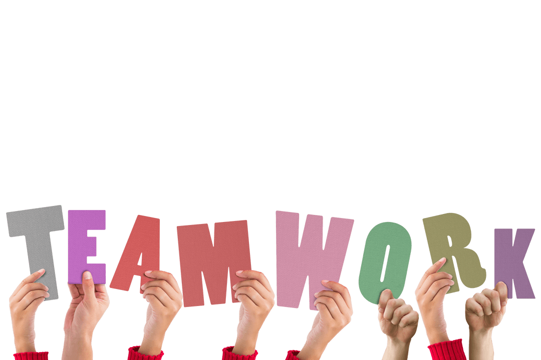 Hands Holding TEAMWORK Letters on Transparent Background