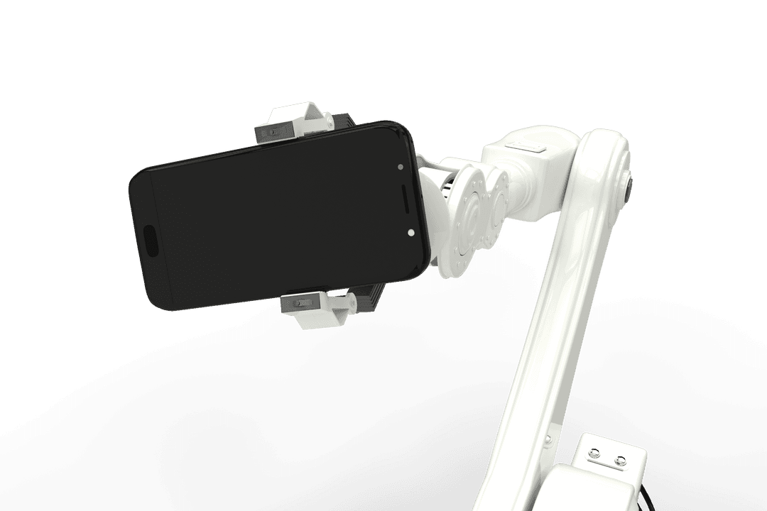 Transparent Robotic Arm Holding Smartphone Facing Viewer