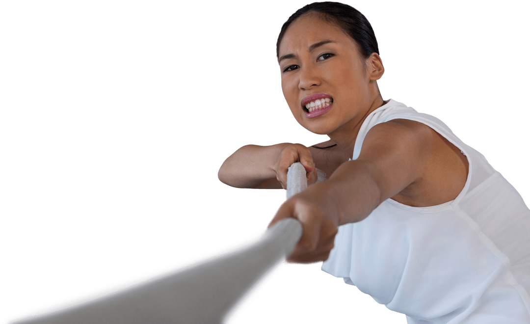 Determined Woman Pulling Rope in Intense Effort, Isolated of Transparent