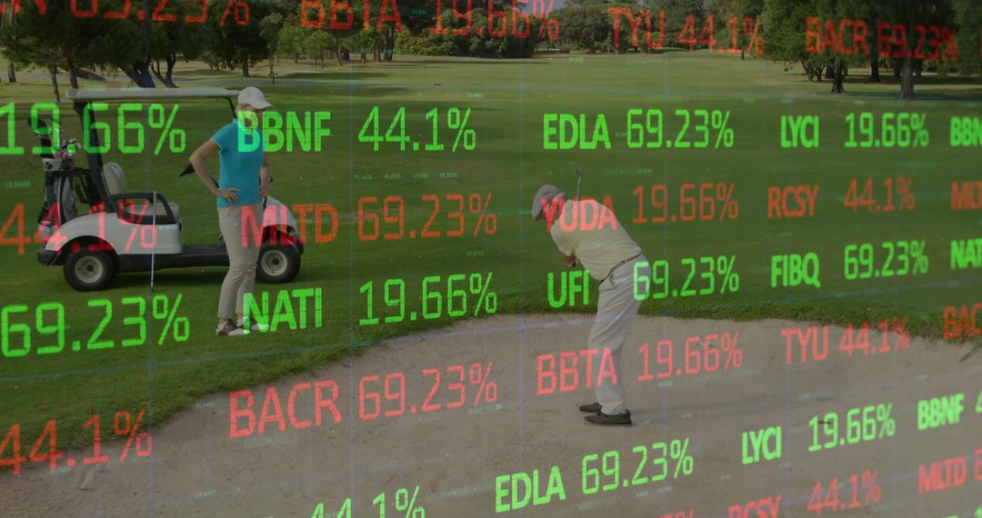Golfer Playing from Bunker with Stock Ticker Overlay Effect