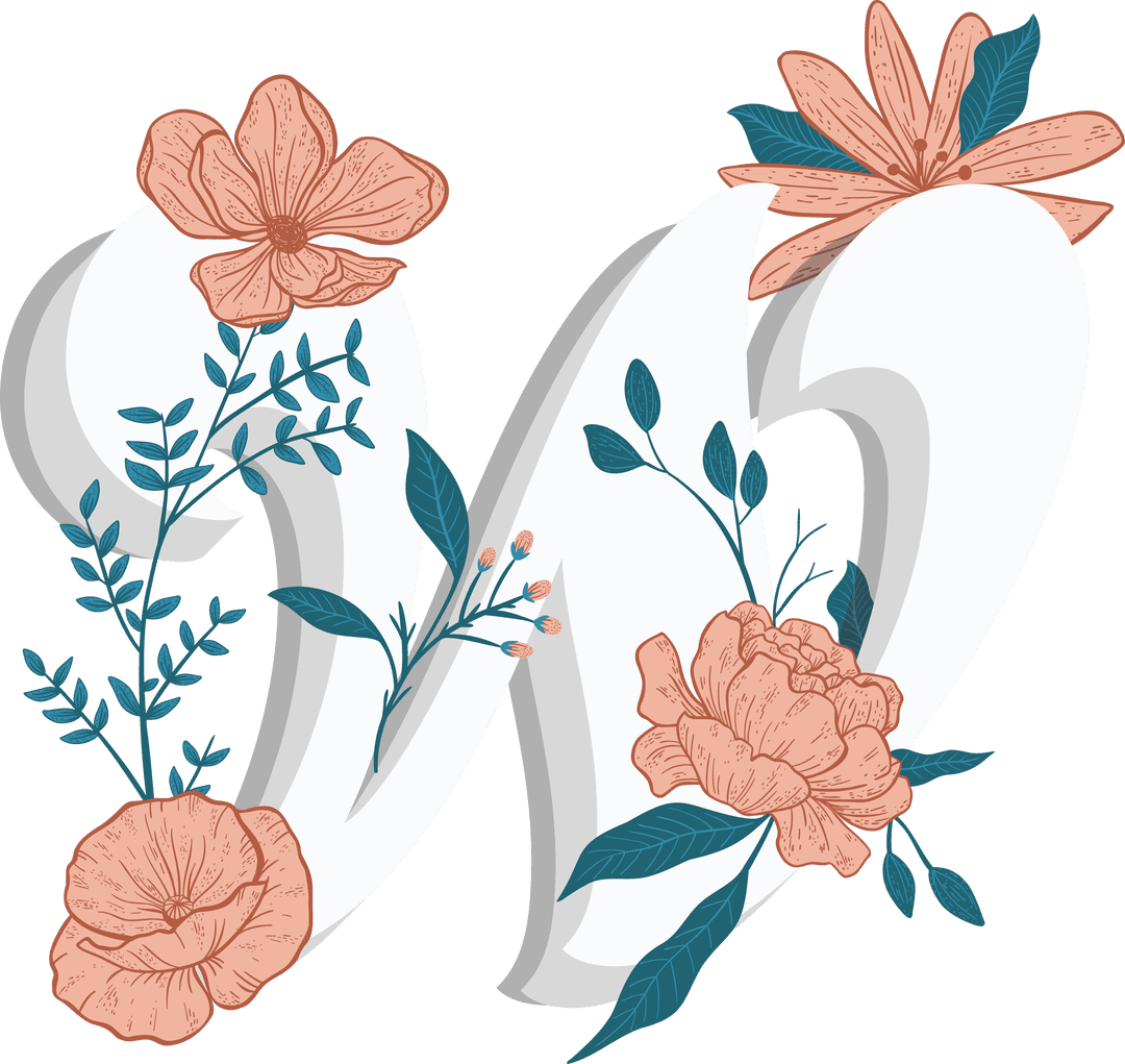 Decorative W with Floral Elements on a Transparent Background