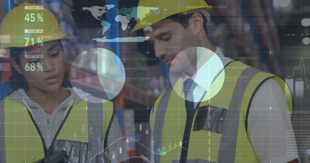 Warehouse Workers Analyzing Logistics Data on Digital Display