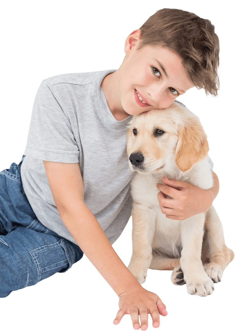 Young Boy Embracing Golden Retriever Puppy on Transparent Background