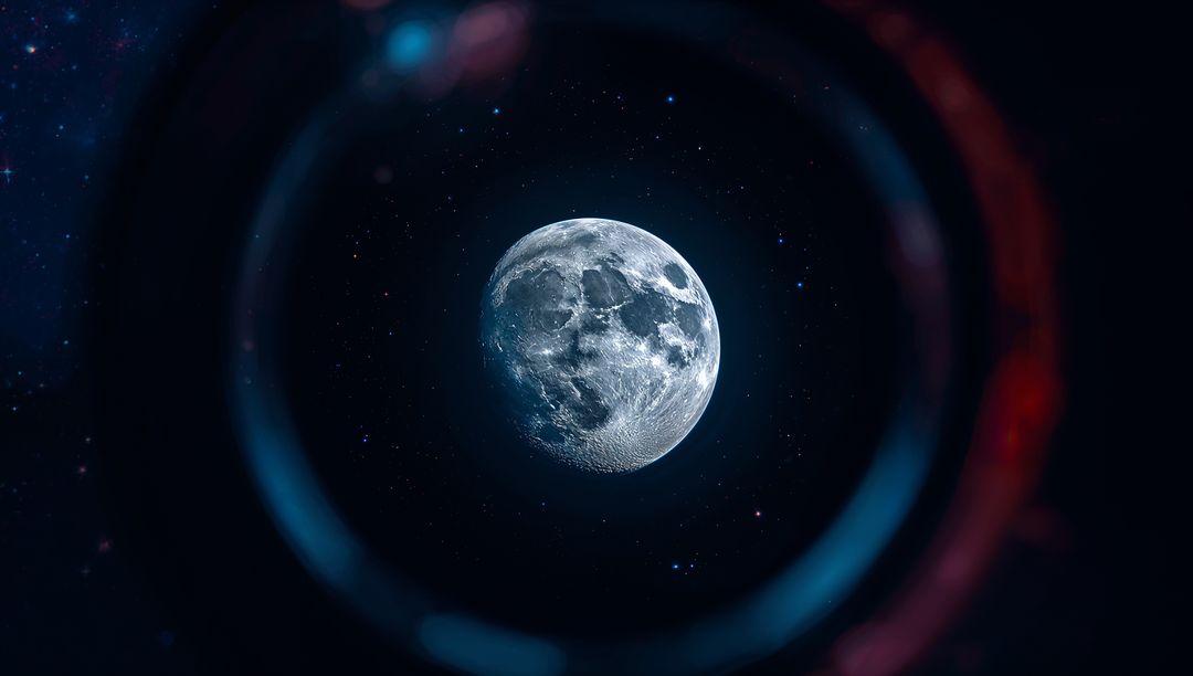 Mystical Moon with Diffused Cosmic Rings and Starry Sky