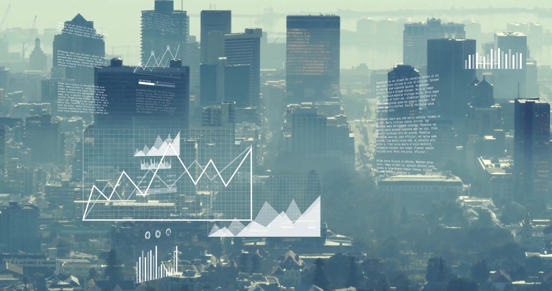 Futuristic Cityscape with Digital Data Overlay Illustrating Analytics