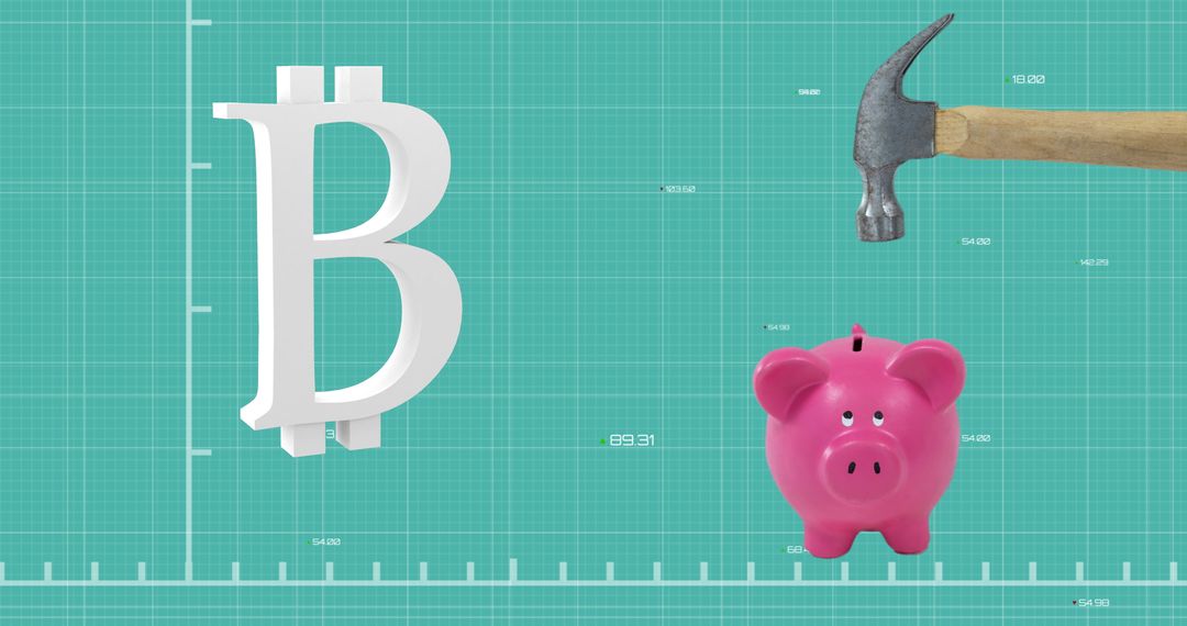 Hammer Targeting Bitcoin Symbol and Piggy Bank in Digital Interface