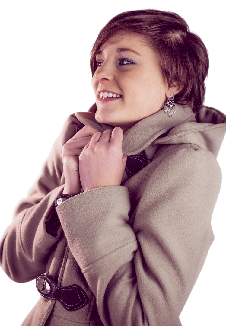 Smiling Woman in Winter Coat on Transparent Background