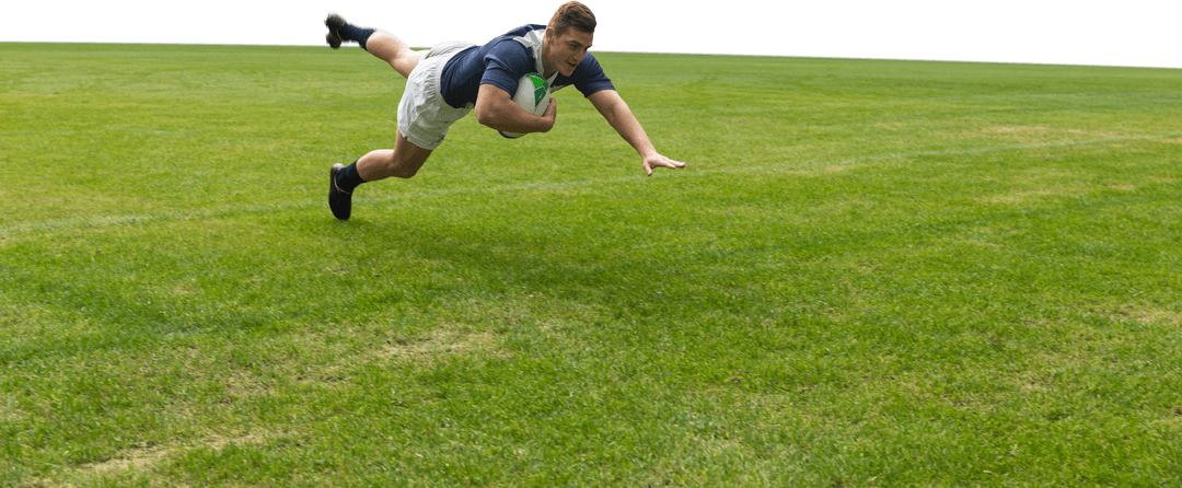 Transparent Rugby Player Mid-Air Leap on Field