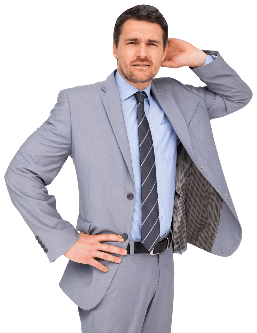 Caucasian Businessman in Formal Attire Appearing Unsure on Transparent Background