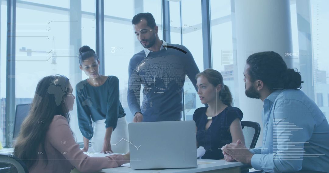 Business Team Collaborating With Data Overlays in Modern Office