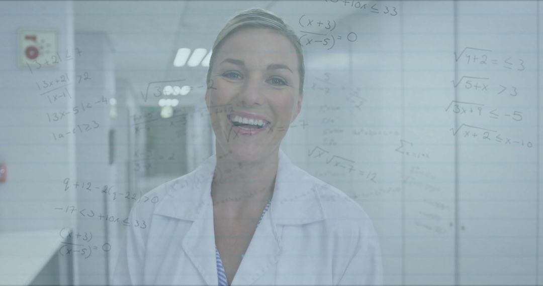 Smiling Scientist with Mathematical Equations Overlay in Modern Laboratory