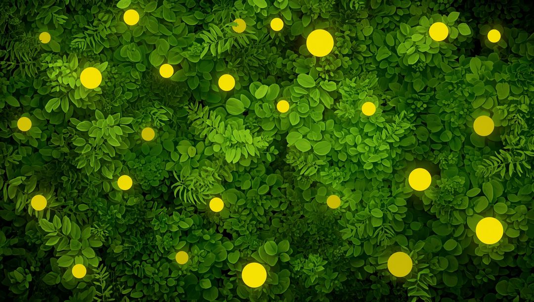 Harmonious Glow: Yellow Orbs Amid Lush Greenery Texture