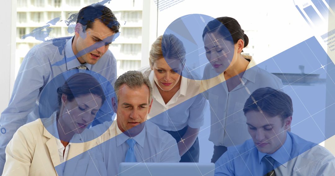 Business Team Discussing Strategy with Statistical Data Overlay