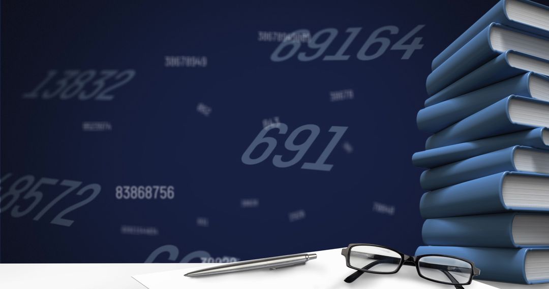 Numbers Floating in Background with Stacked Books and Glasses