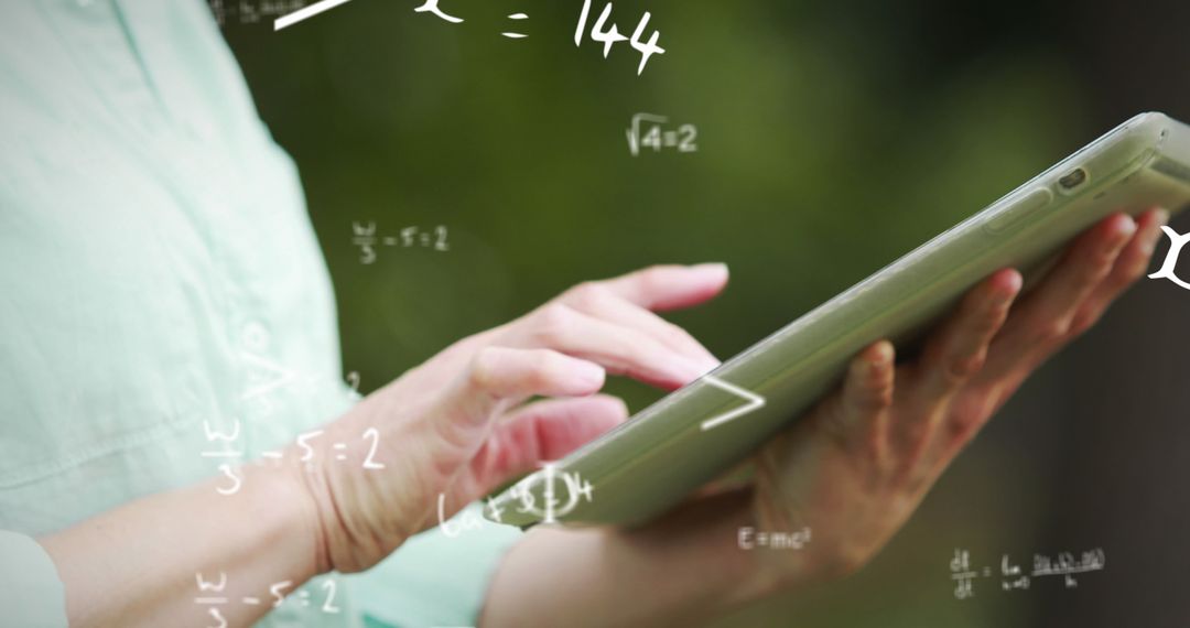 Woman Using Tablet with Math Equations Overlay